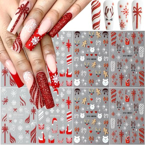 Nagelsticker Weihnachten, 8PCS Nail Art Sticker Weihnachten, Nagelaufkleber Selbstklebend Weihnachtens, Nagelsticker Silvester Winter Weihnachtsnagelaufkleber, für DIY Nagel Kunst Dekoration (B)