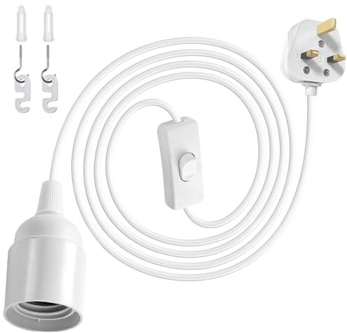 E27 Plug in Pendant Light, 2 Core Cable Plug with On/Off Switch with 13A Fuse 1.8m(5.9ft) Lamp Cable Plug in Ceiling Light, Pendant Light Ceiling Lighting Fitting for Creating an Atmosphere, White