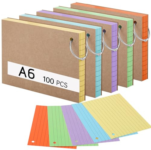 100 Stück Karteikarten A6, 150 g/m² liniert Lernkarten in 5 Farben | Doppelseitig Beschreibbar Lernkarten mit Krafteinband und Loseblattring für Vokabeln, Lernen, Schule und Büro(14,8 x 10,5 cm)
