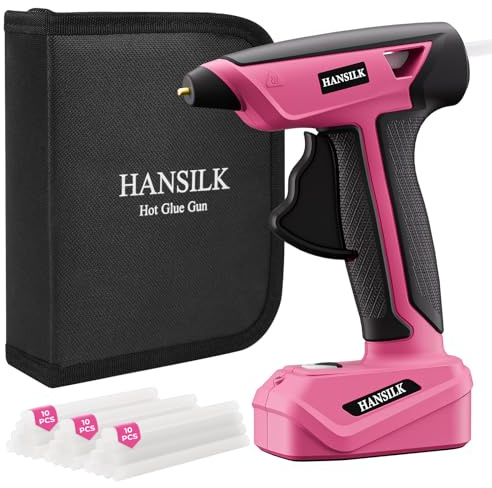 HANSILK Cordless Hot Glue Gun 15s Fast Preheating (Pink) | 2000mAh Type-C Rechargeable Mini Glue Gun with 30pcs Glue Sticks, Anti-Drip Nozzle for Cards Art DIY Crafts and Repairs