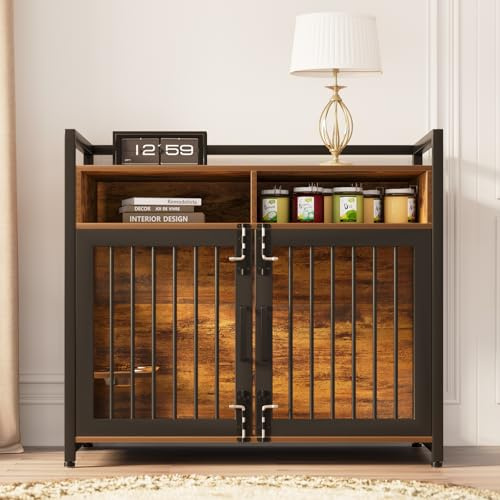 Thaookte Hundekäfig Möbel Mit Lagerregal, 122x76x110Cm, Hundebox Möbel Mit 360° Drehbaren Hundenäpfen Und Mit 2 Türen, Hochbelastbarer Hundekäfig Für Zuhause, Hundeschrank Für Große Und Mittlere Hunde