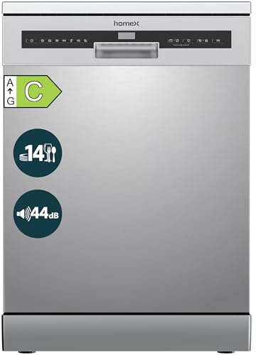 homeX Geschirrspüler 60 cm, Spülmaschine freistehend - 14 Maßgedecke, 7 Programme, AquaStop, Besteckschublade, 44 dB, Startvorwahl, Überlaufschutz, AutoDoor, Unterbaufähig, Silber, DWFS601444C-S