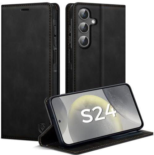AIMOYU Handyhülle für Samsung Galaxy S24 Hülle, Premium Lederhülle Flip Case für Samsung S24 Hülle Magnet Tascher Kartenfach Standfunktion Schutzhülle für Galaxy S24 Klapphülle, Schwarz