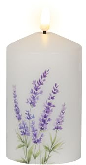 Lumineo LED Kerze mit Lavendel Motiv 7x14,5cm Wachs Batterie - Wachskerze Deko für Innen Zimmerdeko Wohndeko - batteriebetriebene Stumpenkerze - Dekokerze mit Design - Weiß