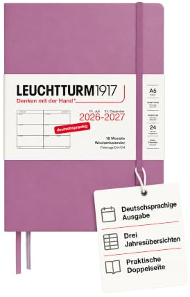 LEUCHTTURM1917 Wochenkalender 2027 Medium (A5) - Deutsch, Dusty Rose, Hardcover, 145 x 210 mm, 18 Monate - 07. 2026-12.2027, 1 Woche pro Doppelseite, 80 g/m² Papier mit hoher Tintenverträglichkeit
