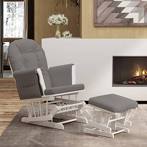 Generico Glider-Sessel mit dunkelgrauem Hocker aus Stoff, Stillsessel mit weißem Rahmen aus Massivholz von Hevea, schiebbarer Sitz mit dicken Kissen und Armlehnen