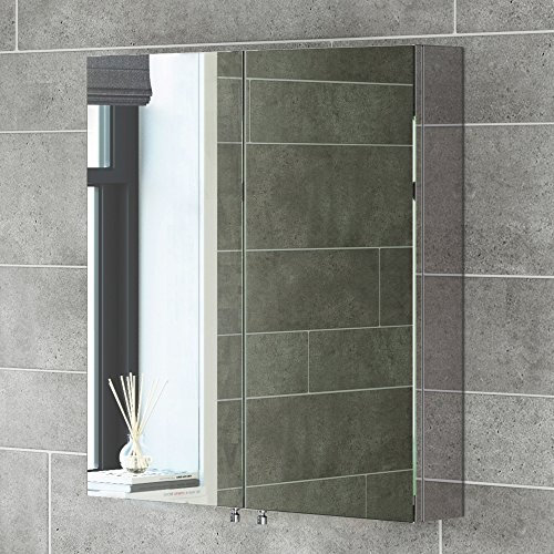 iBathUK Vienna Wall Mounted Mirror Cabinet, Modern Double Door Bathroom Mirror Storage Unit with 2 Fixed Shelves, Plain Cabinet Mirror for Bathrooms with Portrait Orientation in Silver, 670 x 600mm