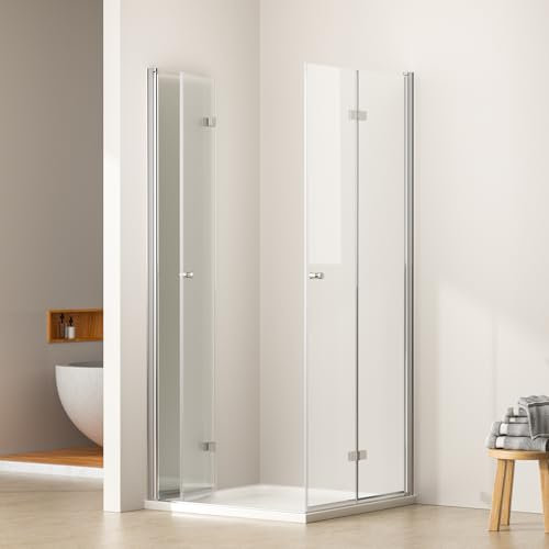EMKE Duschkabine Eckeinstieg 90x90 cm Duschabtrennung Duschwand Eckdusche Duschtür Falttür Dusche Komplett Pendeltür Faltdusche 6mm Sicherheitsglas Duschtüren 185cm Höhe