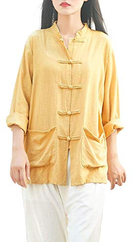 Lazutom Tunique pour femme en coton et lin avec boutons grenouille et col mandarin pour arts martiaux chinois Kung Fu Tai Chi, jaune, Taille Unique