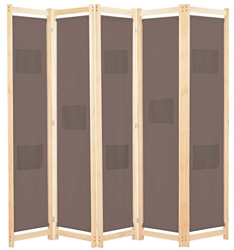 vidaXL Holz Raumteiler 5-TLG. Paravent Trennwand Umkleide Sichtschutz Spanische Wand Raumtrenner Stellwand Braun 200x170x4 cm Stoff Klappbar Platzsparend