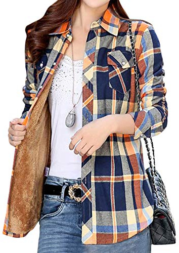Minetom Hiver Chemise Femme Blouse Manche Longue à Carreaux Chaud Doublure en Velours Bouton Tops Tunique Chemisie Gilet Veste Shirt