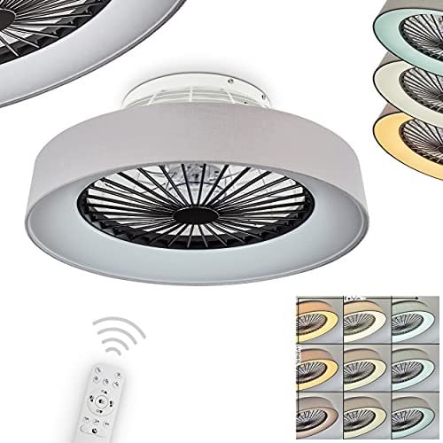 LED Deckenventilator Moli, Deckenlampe mit Ventilator aus Metall/Stoff/Kunststoff in Grau/Weiß, über Fernbedienung dimmbar, m. Timer und Nachtlicht, 1 x 40 Watt, 2200 Lumen, 3000-6500 Kelvin