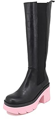 QUEEN HELENA Stivali Alti Biker di Pelle con Tacco Plateau Senza Chiusura Invernali Elasticizzati Casual Comodi Donna KIM88 Rosa 36