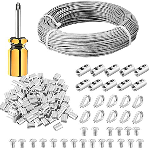 FSHIHINE 100M Cable Acier pour Plantes Grimpantes, 2mm Câble en Acier Inoxydable Enduit de PVC Avec Cosses M2 & Serre-Câbles en Acier, Idéal pour Suspension de Cadres, Rideaux et Luminaires Intérieurs