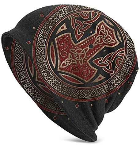 C2Jew Vikings Beanies Mütze Schwarz-Rote Strickmützen Damen Herren Mütze Hip-Hop Mütze Slouchy Outdoor-Caps 10,6 × 11 Zoll,Thor Hammer