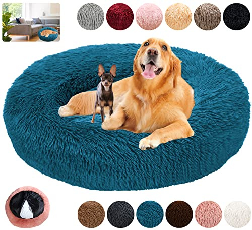KZhanmy Panier Chien Rond Déhoussable, Grande Taille Apaisant Coussin Lavable Anti-dérapant Anti-stress, Lit Moelleux en Doux, Grand et Moyen Tapis, 12 Couleurs