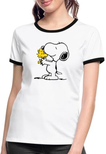 Spreadshirt Peanuts Snoopy Und Woodstock Frauen Kontrast T-Shirt, M, Weiß/Schwarz