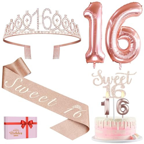 Amosking Sweet 16 Birthday Decorations, Including Sweet 16 Sash and Tiara, Cake Topper and Candles, Rose Gold Number Balloons, 16th Birthday Gifts Girl