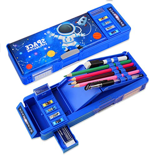 LilyBeauty Pop Up Multifunktions-Etui für Mädchen und Jungen, niedliche Cartoon Pen Box Organizer Schreibwaren, Anspitzer, Zeitplan, Whiteboard, Schulbedarf, Kinder (blau)