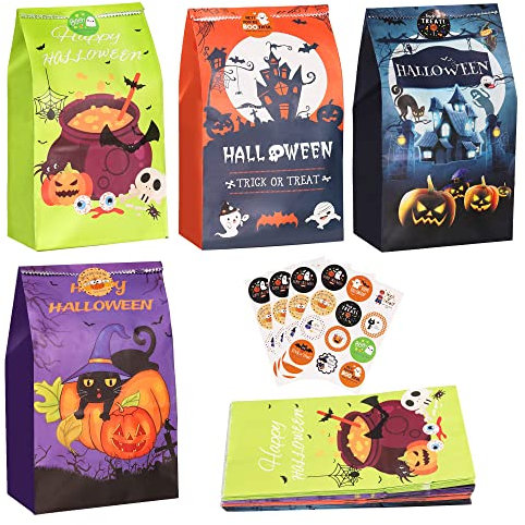 AUERVO Halloween Papiertüten für Süßes oder Saures - 20 Stück Candy Tüten mit 24 Aufkleber - Partytüten Geschenktüten für Kinder