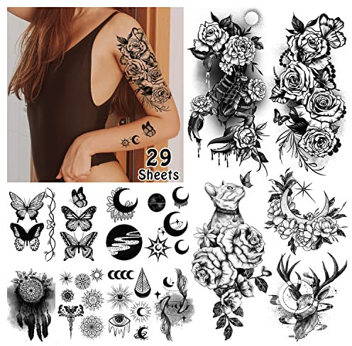 Acevegue 29 Blätter Fake Tattoos für Frauen, Temporäre Aufkleben Tattoos für Erwachsene, Wasserfest Schwarz Blumen-Element Haut Körper Make-up für Karneval