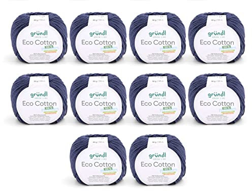 Gründl Wolle Eco Cotton - Wolle zum Häkeln - Wolle zum Stricken - Häkelgarn - Weich und hautfreundlich - 100% Bio-Baumwolle - 10 Knäuel 50 g / 105 m - Nadelstärke 3,5-4,5 - jeans