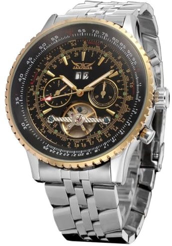 FORSINING Herren-Armbanduhr, selbstaufziehend, automatisch, wasserdicht, Edelstahl, mechanische Armbanduhr, Skelett, Tourbillon, Kalender, Datum, Schwarz , Armband