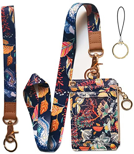 bolimoss Lanyard Wallet,Wallet Lanyard,lanyards for id Badges,lanyards for id Badges for Women,Lanyard Wallet for Women,Fashion Badge Holder with Zipper（Vintage Floral）