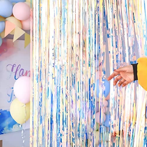 2 Stück Lametta Vorhang Neon 1m x 2m Glitzer Folien Fransen Lametta Bunt Vorhänge Regenbogen für Party Deko