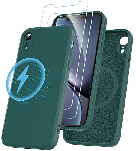 Losvick für iPhone XR Hülle kompatibel mit Magsafe mit 2 Stück Panzer Schutz Glas, Silikon Hülle Stoßfest Kratzfest Case mit Weichem Mikrofaser, TPU Anti Gelb Handyhülle- 6,1 Zoll - Dunkelgrün