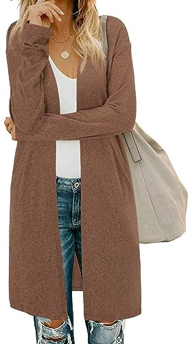 OUGES Women's Open Front Cardigan Shirt with Pockets Long Sleeve Lightweight Cardigan(Brown,M)