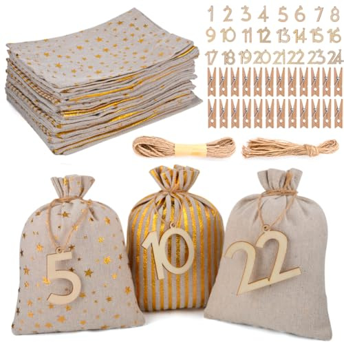 MAOOY Adventskalender Zum Befüllen-24 Adventskalender Selber Befüllen | 13X18cm Jutesäckchen Weihnachtskalender Zum Selberfüllen Säckchen zum Befüllen Stoffbeutel