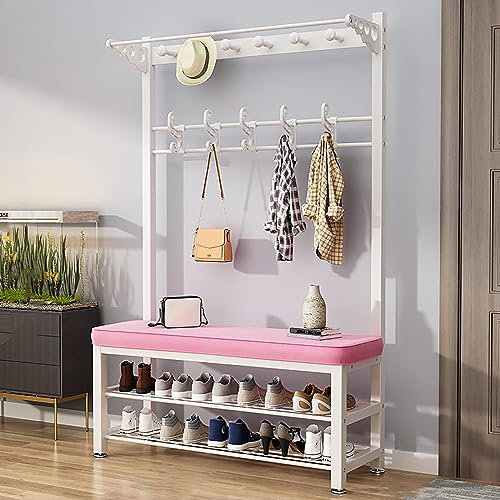 Kcolic Kleiderablage Schlafzimmer Wandmontage Garderobe Mit Sitzbank Schuhregal Mit Garderobe Garderobenständer Mit Haken Robustes Metall Kleiderständer Mit Schuhregal Garderobe B