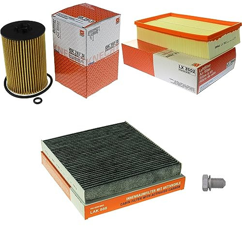 Inspektionspaket Wartungspaket Filterset mit Ölfilter OX 787D, Luftfilter LX 3502, Innenraumfilter (Aktivkohle) LAK 888, Verschlussschraube