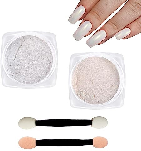 LuckyOpt Weiße Perle Chrom Nagelpuder, 2 Farben Meerjungfrau Aurora Chrome Nagel Pulver und 2 Schwamm Sticks, Chrome nail powder für Frauen Mädchen Maniküre DIY (A)