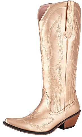 Stivali da Donna a Metà Polpaccio con Tacco Western, Stivali da Cowboy Appuntito Tacco Medio Stivali Alti Senza Chiusura Ricamate, H1424Iw Oro Numero 40 EU