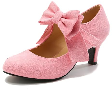 omthaka Women's Bow Mary Jane Kitten Heel Round Toe Low Heels Ankle Strap Dress Evening Party Pumps