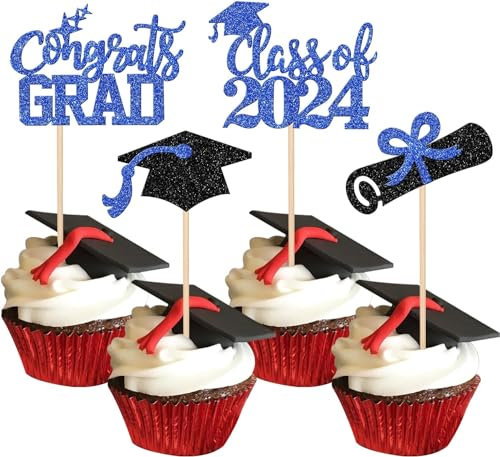 24 Stück 2024 Abschluss Tortendeko Class of 2024 Cupcake Toppers Glitzer Diplom Grad Cap Kuchen Deko Absolvent Kuchen Dekoration for 2024 Schule Abschluss Thema Party Torten Dekorationen Schwarz Blau
