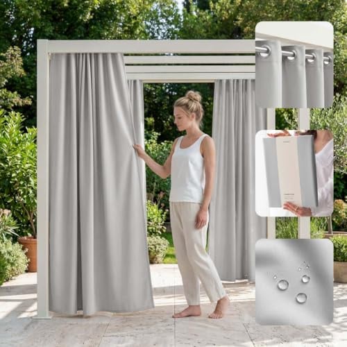 ROOM99 Outdoorvorhäng mit Ösen Garden Line 155 x 200 cm Breite x Höhe Outdoor Vorhang wetterfest Wasserdicht Sichtschutz Sonnenschutz Gardinen Garten Winddicht Hellgrau, 1 Stück