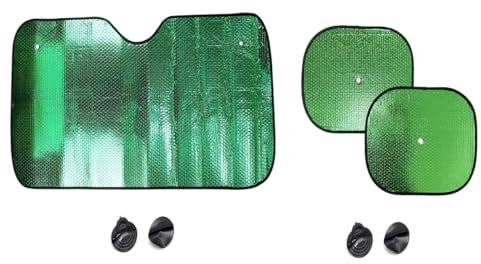 Parasol Coche Delantero y Laterales Plegable Protector Solar de Luna, Universal con 2 Ventosas 2 Correas 130x60cm. (Verde)