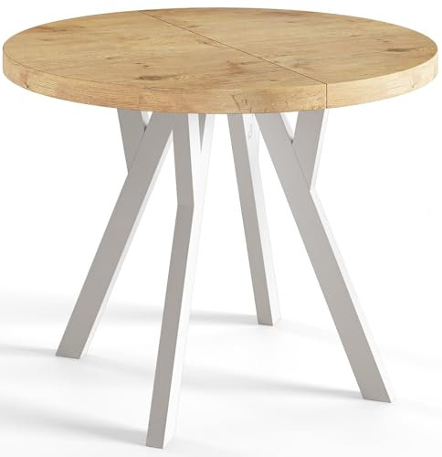 AlpiMeble Runder Esszimmertisch OVO, ausziehbarer Tisch Durchmesser: 100 cm bis 200 cm, Wohnzimmertisch Farbe: Lancelot, mit Holzbeinen in Farbe Weiß