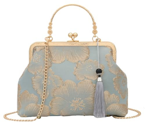 YeBon Retro Schulterkette Messenger Clutch Chinesischer Stil Stickerei Jacquard Damen Abendtaschen L, Grau-blaue Blume