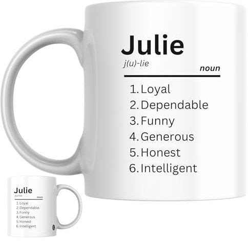Designs of note! Julie Definition Mug | Funny Personalised Name Meaning Coffee Cup for Her | Novelty Gift for Women or Girls Called Julie (Black)