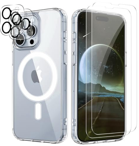 Für iPhone 15 Promax (5-in-1-Set) EIN Durchsichtiges magnetisch Handyhülle +2 Displayschutzfolien +2 Kameraschutzfolien für Ihr Smartphone, Schutzen Sie Ihr Handy Mit Einem KompletSet