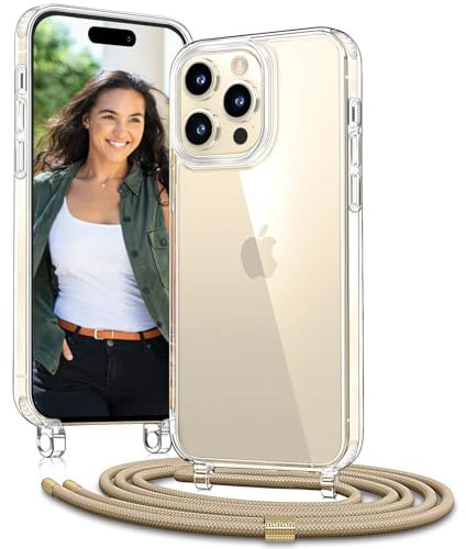 Vaykwo Handykette mit Band für Apple iPhone 15 Pro Hülle - Necklace Handyhülle - Transparente Case zum Umhängen mit Kameraschutz und Bildschirmschutz - Golden