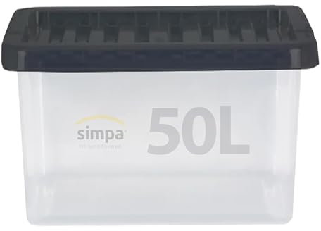 simpa 50 Litre 50L Stackable Plastic Storage Box with Clear/Black Lid - 29cm (H) x 57.5cm (L) x 40cm (W) - Single Box