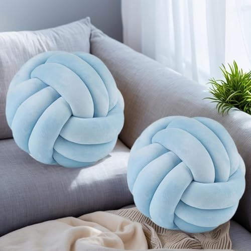 Wadser 2 Pcs Knot Pillows, Blue Knotted Ball Pillow Plush Throw Pillows for Bed Sofa Couch, 8.7 Decorative Round Pillow Cushions