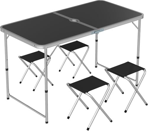 GTATBTG Faltbares Campingtisch-Set mit 4 Hockern, höhenverstellbar, 120 x 60 cm, tragbar und leicht, für Outdoor-Aktivitäten, Picknicks und Wohnmobile, langlebig und einfach aufzubauen
