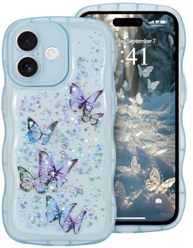 ROSEHUI for iPhone 16 Case,Cute Butterfly Curly Wave Phone Case with Sparkly Glitter Bling Star,Clear Anti-Yellowing Camera Protection Soft TPU Shockproof Protective Cover for Girls-Blue