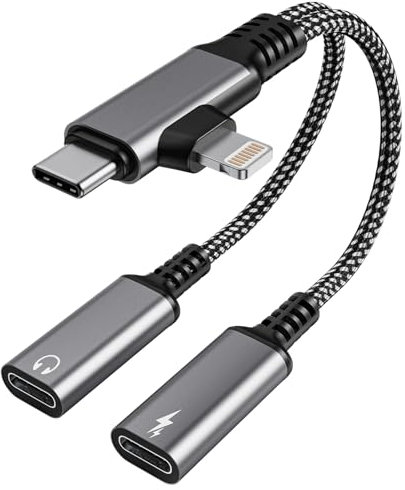 USBC Kopfhörer Adapter und Laden - USB C Splitter 1 zu 2, USB C Y Kabel Kopfhörer Adapter und 60W Laden mit Telefonie-Funktion, Typ C & Lightning Stecker auf Doppel Typ C Buchsen Verteiler für iPhone